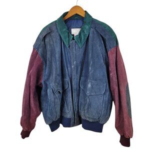 Vintage 90s Suede Leather Puffer Coat Plus Size 2X Patchwork Bomber Winter Blue